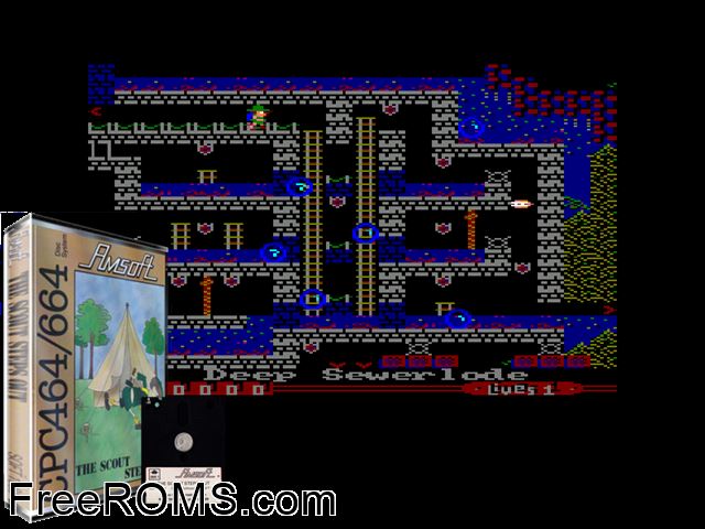 The Scout Steps Out (UK) (1985) [a1] Amstrad CPC game showing 3D box cover and gameplay screenshot